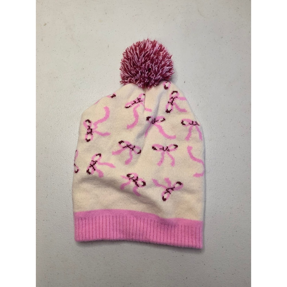 Great Northern Kids Pink Bow Knit Beanie Pom Pom Hat Cream Size 4-6x‎